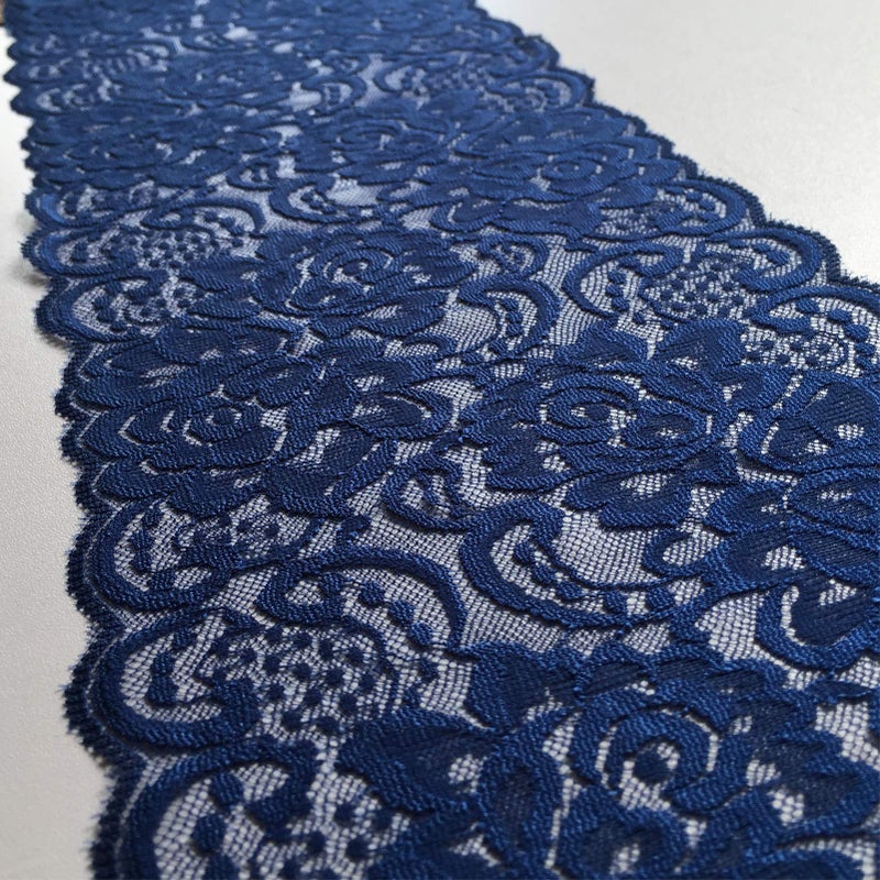 LUMKET 6 Inches Wide Stretchy Lace Ribbon Elastic Trim Fabric with Floral Pattern for Bridal Wedding Decorations   Sewing DIY Making and DIY Crafts-5 Yards (910 Navy Blue) - Image 5